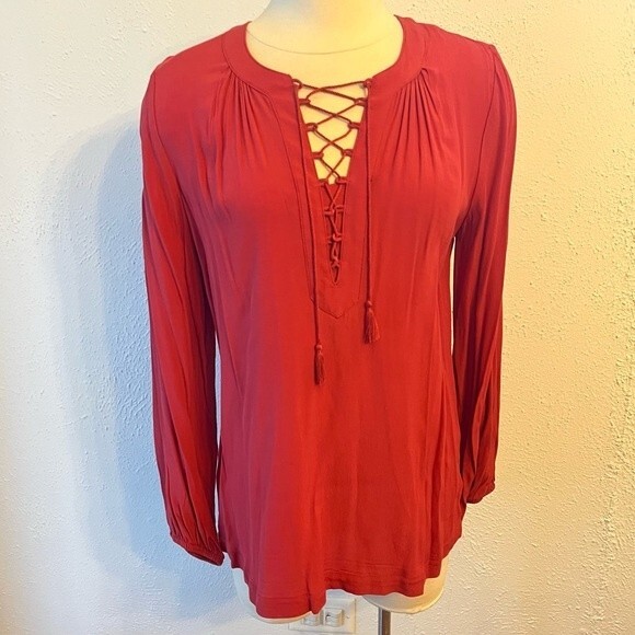 Time and Tru Long Sleeve Lace Up Front Peasant Top Small - Picture 1 of 5